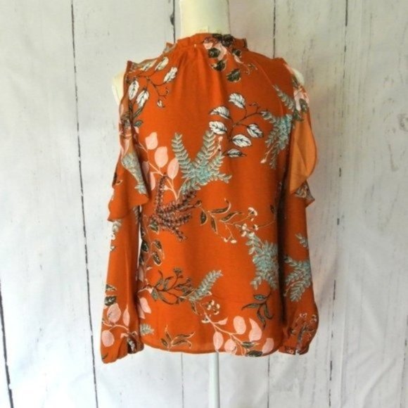 Japna Orange‎ Brown  Floral Blouse Cold Shoulder S - Picture 9 of 9